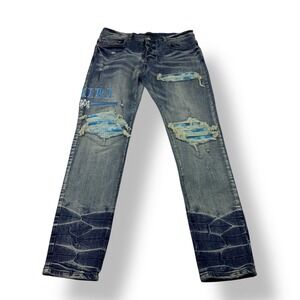 AMIRI Distressed Blue Denim Jeans Men's Size 34x30 Embroidered Logo